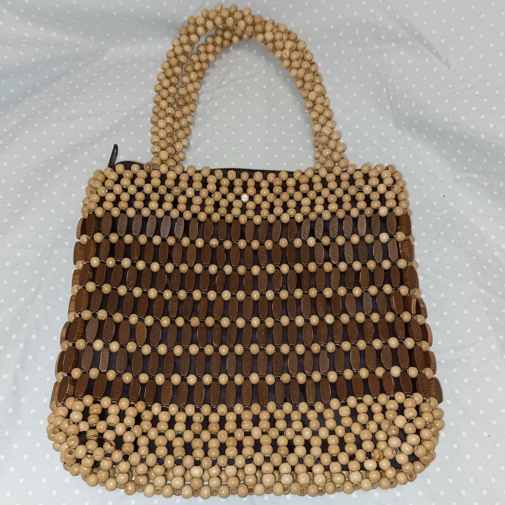 Vintage Wooden Beaded Handbag Tan Brown Boho 60s 70s Tote Purse Retro